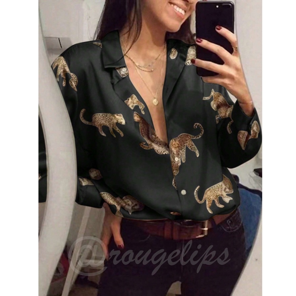 Animal Print Satin Button Up Long Sleeve Shirt Black
